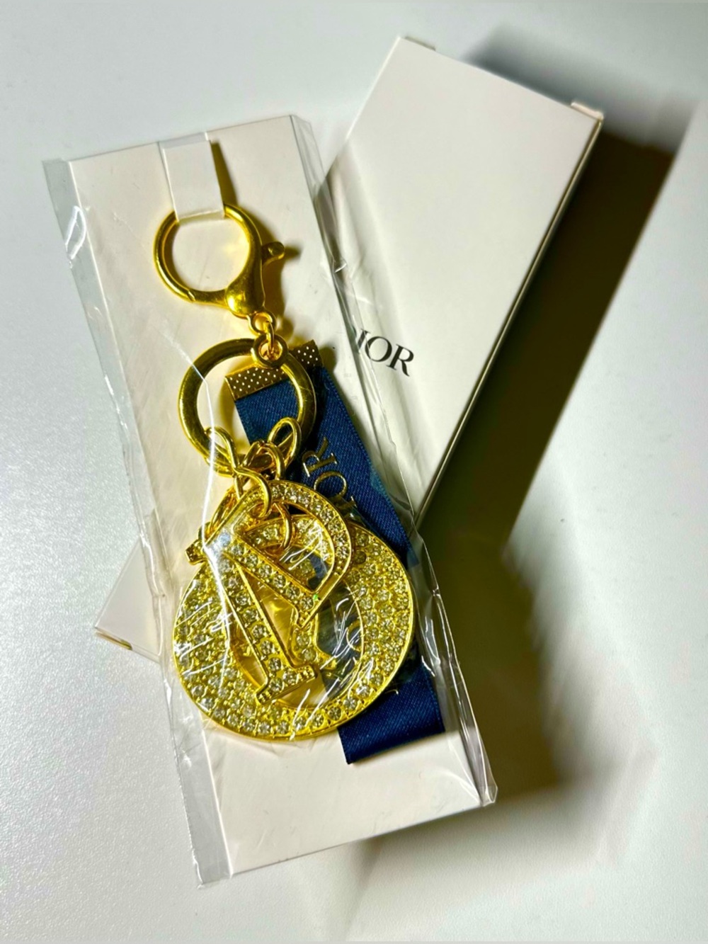 DIOR Gold Rhinestone-Studded Bag  Charm Key Holder with Navy Ribbon GWP NWB - Picture 2 of 11